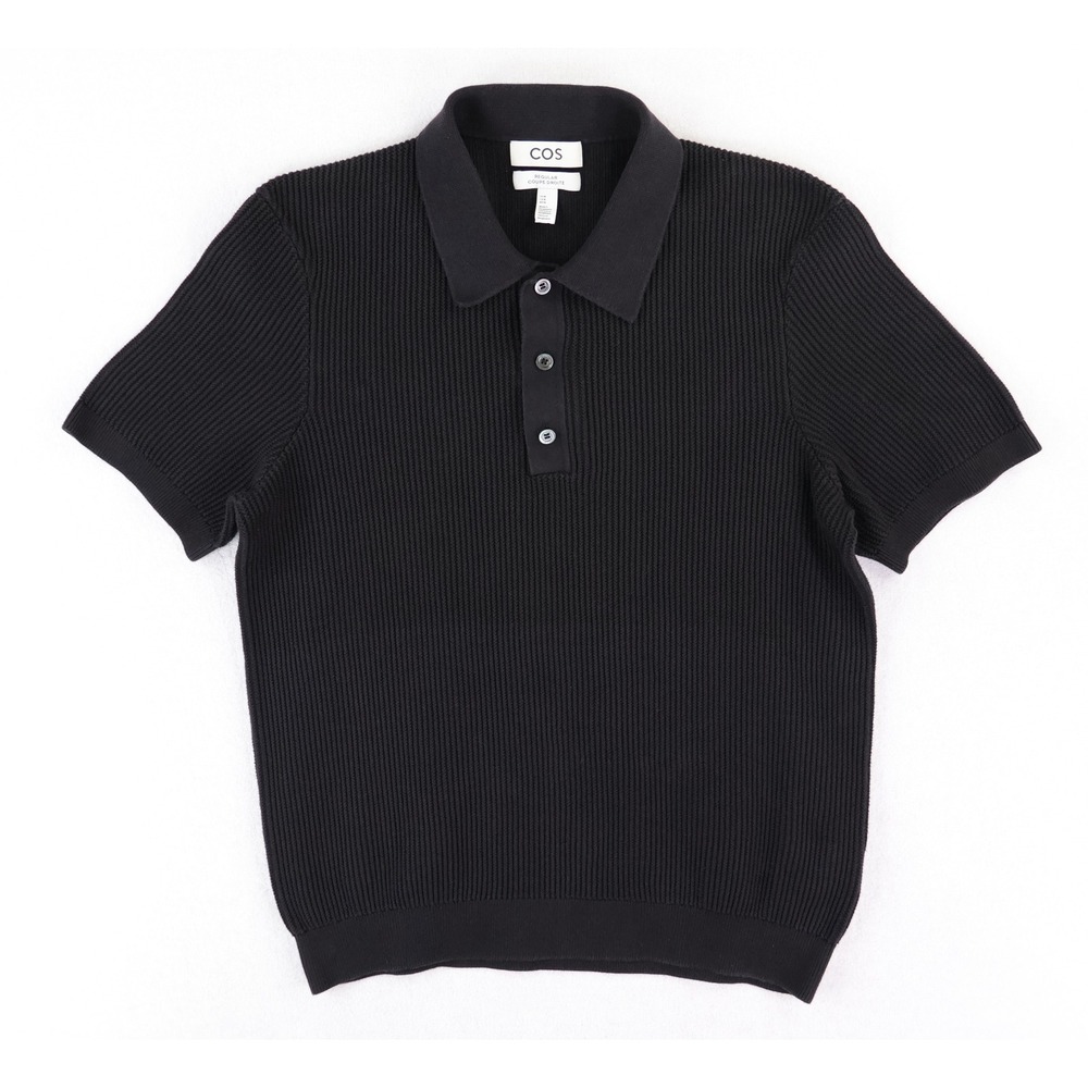 COS Ribbed Knit Polo Shirt Mens Medium Black Short Sleeve Cotton Regular Fit